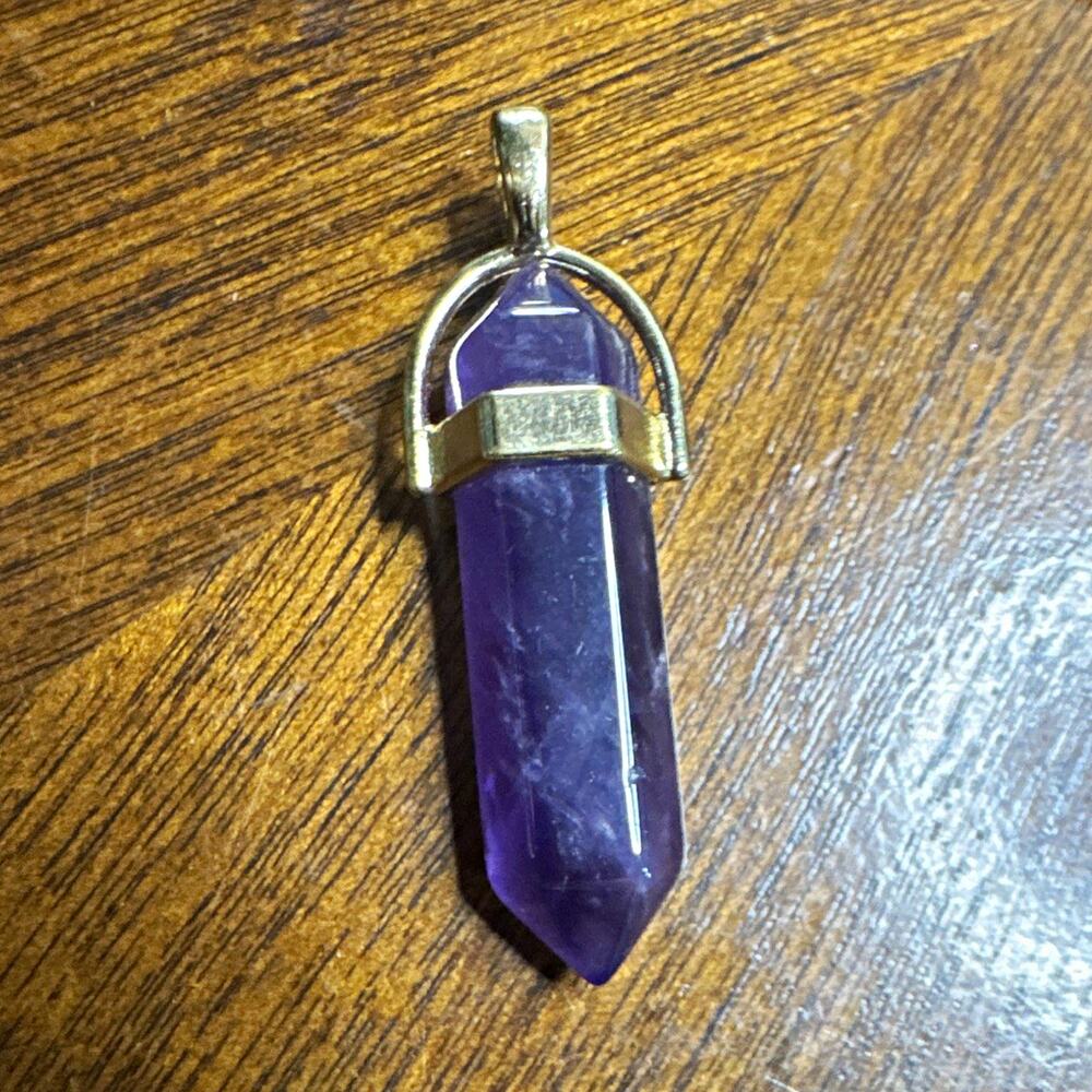 Amethyst Hexagon Point Pendant Charm Gold Tone Bezel Setting Purple Gemstone